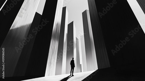 Silhouette of man walking among towering black and white structures