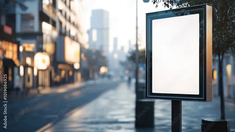 Blank billboard on a city street with blurred background of buildings, lights and people walking in the morning. Blank billboard on a city street with blurred background of buildings, lights and people walking in the morning.