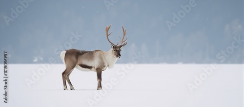 Solitary caribou stands against snowy backdrop as gentle snowfall descends photo
