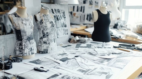 Fashion Design Workspace with Mannequins and Patterns photo