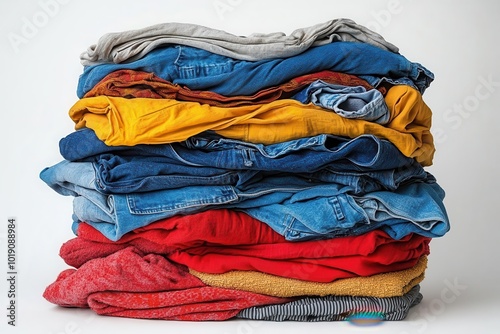 neatly piled dirty laundry isolated against a stark white background portraying the everyday challenges of household chores with a hint of humor photo