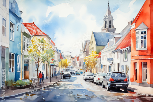 Watercolor-style illustration of a street inspired by Reykjavík, featuring colorful buildings, cars, and pedestrians on a sunny day.