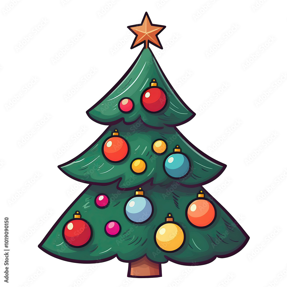 Simple drawing of a Christmas tree with colored balls on a transparent background.