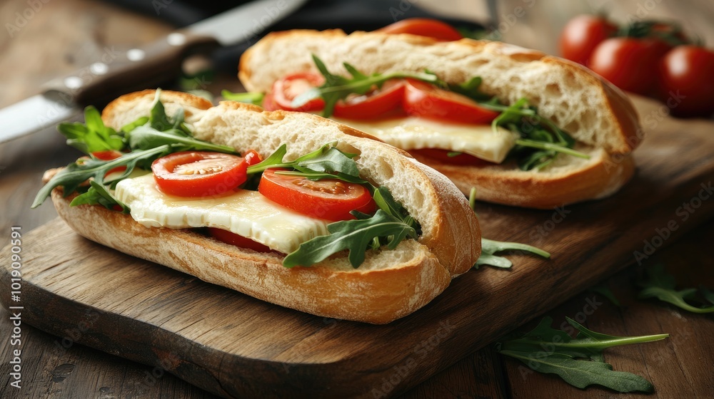 Fresh Sandwich with Tomatoes and Arugula on Wooden Board Fresh Sandwich with Tomatoes and Arugula on Wooden Board