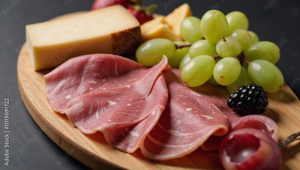 A meticulously arranged gourmet food board featuring vibrant meats cheeses and fresh fruit showcasing intricate details A meticulously arranged gourmet food board featuring vibrant meats cheeses and fresh fruit showcasing intricate details