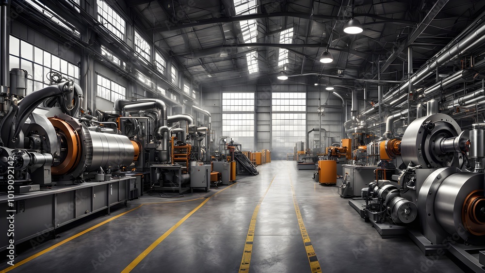 Fototapeta premium Industrial factory interior with machinery, pipes, and large windows.