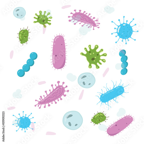 Different forms and types of microbes flat style. Probiotics Bacteria, microbes, infection and pathogen cells concept editable stroke outline