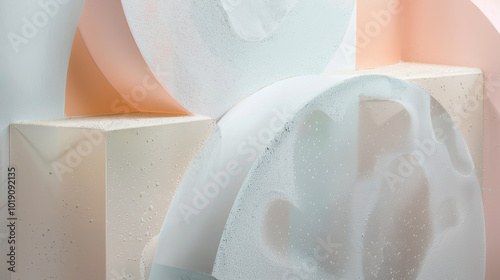 Geometric shapes in pastel tones overlapping with soft textures and traces of sparkling light.