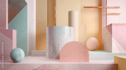 Geometric shapes in pastel tones overlapping with soft textures and traces of sparkling light.