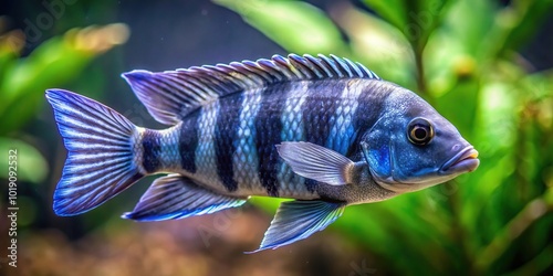 Long shot of Cyphotilapia frontosa fish swimming in aquarium photo