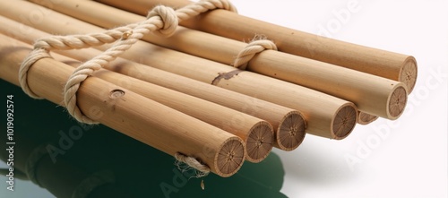 Isolated hand-crafted bamboo raft with rope detail photo