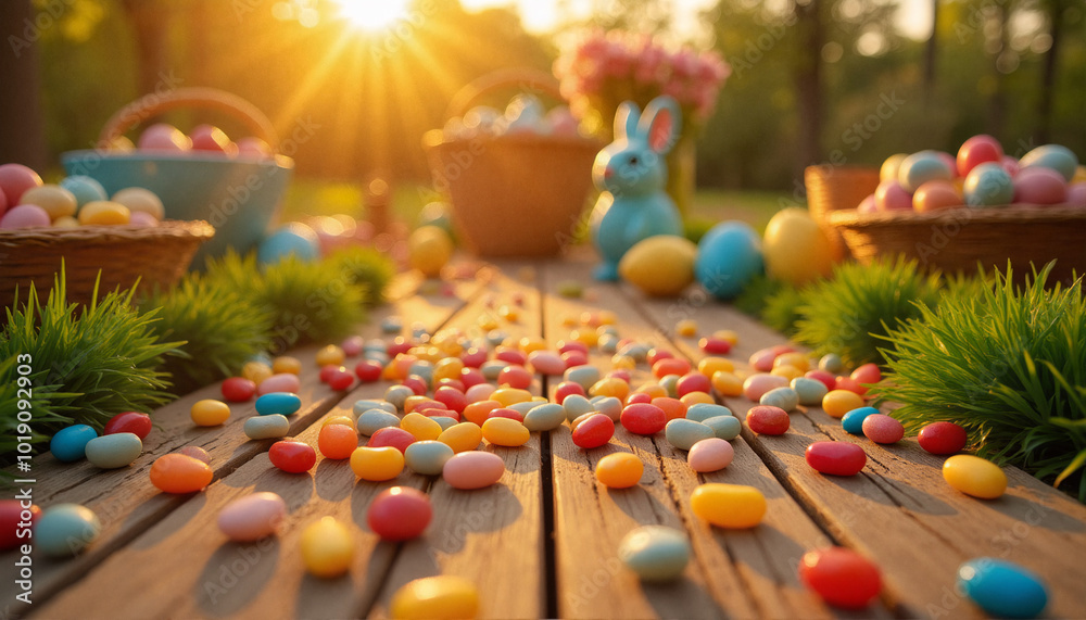 Obraz premium Vibrant candy eggs scattered on wooden planks in golden sunlight