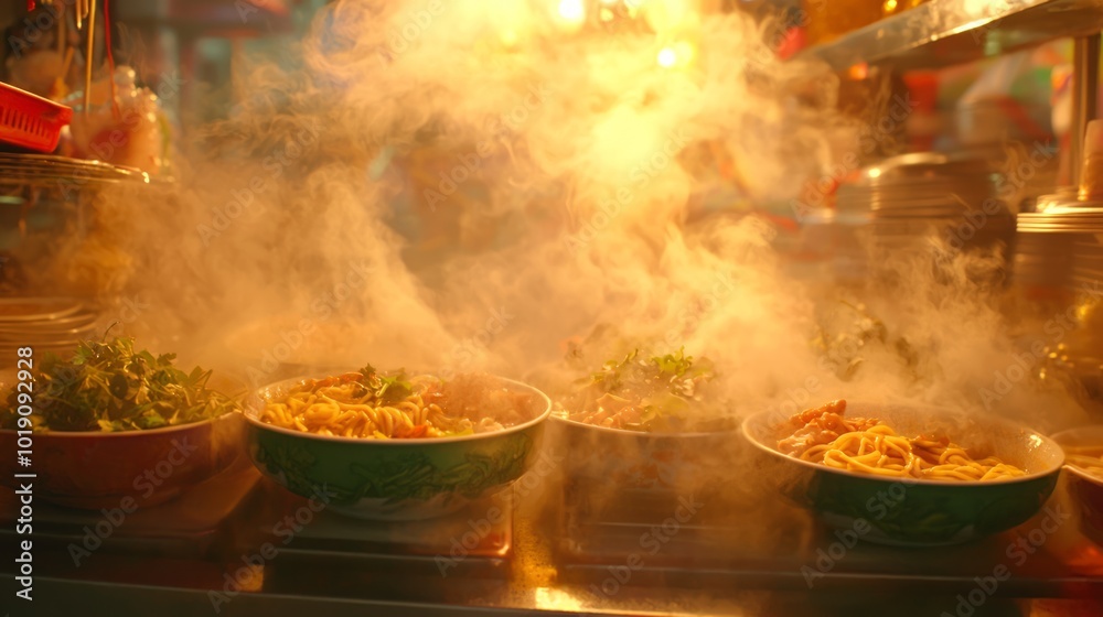 Vibrant Thai Noodle Soup Stall in Bustling Market with Steaming Bowls of Boat Noodles and Fresh Herbs - Ultra-Detailed Food Photography Vibrant Thai Noodle Soup Stall in Bustling Market with Steaming Bowls of Boat Noodles and Fresh Herbs - Ultra-Detailed Food Photography