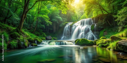 Long shot of waterfall nestled in lush green forest landscape