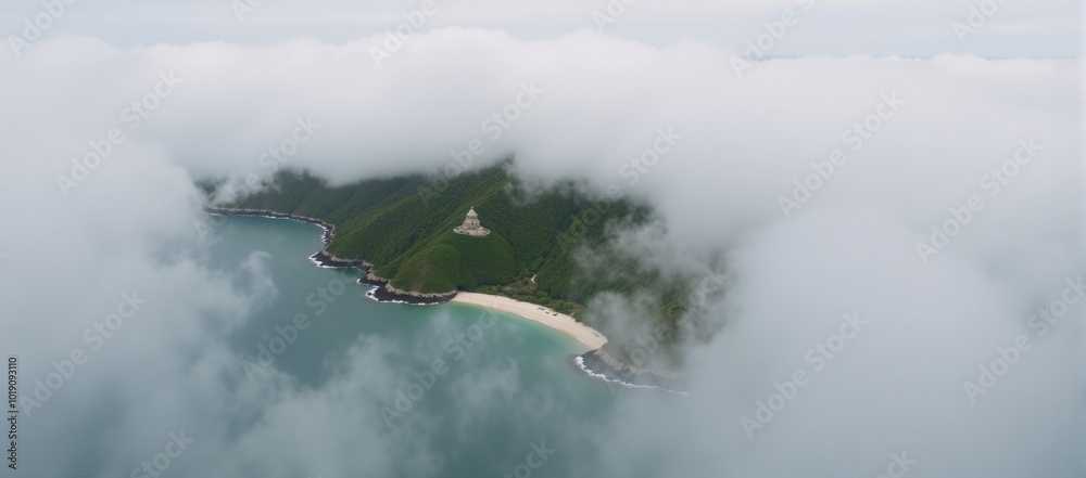 Overview of serene island shrouded in fog calm tranquil Overview of serene island shrouded in fog calm tranquil