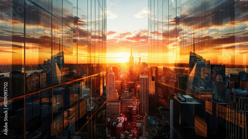 Futuristic skyline with mirrored glass buildings reflecting the sunset.