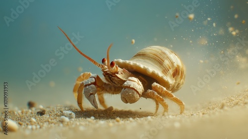 Hermit Crab on Sandy Ocean Floor in Clear Water