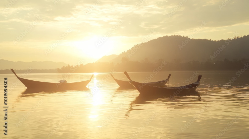 Obraz premium Taste of Thailand - Serene Lakeside View with Traditional Thai Boats Serving Local Cuisine