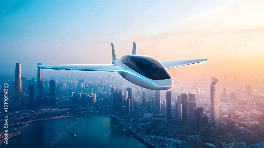 Sleek electric air taxi hovering above futuristic city skyline, smooth aerodynamic design, golden hour sunlight, modern transportation concept Sleek electric air taxi hovering above futuristic city skyline, smooth aerodynamic design, golden hour sunlight, modern transportation concept