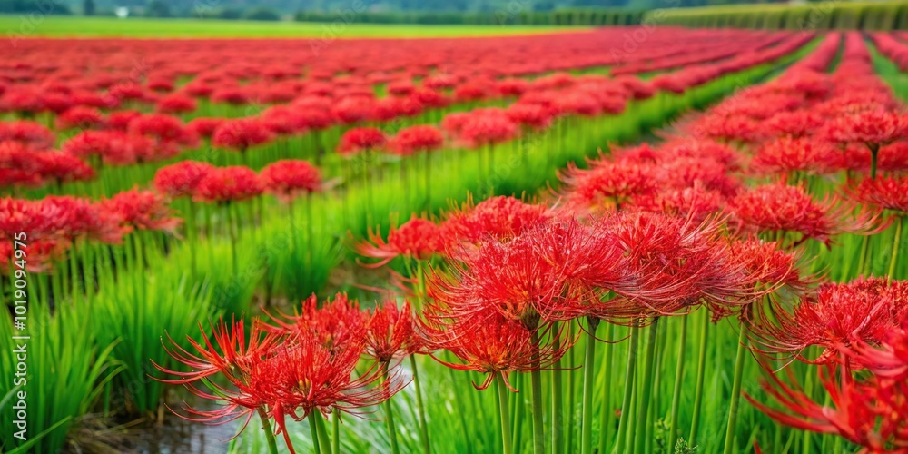 Aerial view of red spider lily flowers blooming in Japanese rice fields Aerial view of red spider lily flowers blooming in Japanese rice fields