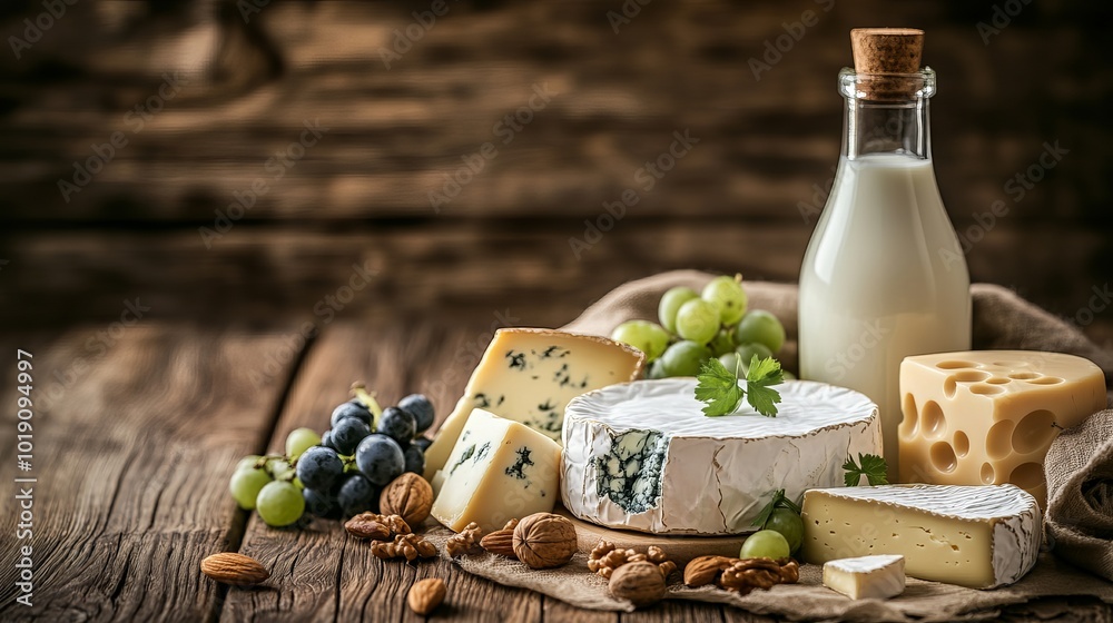 Naklejka premium A wooden table with a rustic assortment of cheeses, such as blue, soft, and hard varieties, along with a bottle of milk, nuts, and grapes.