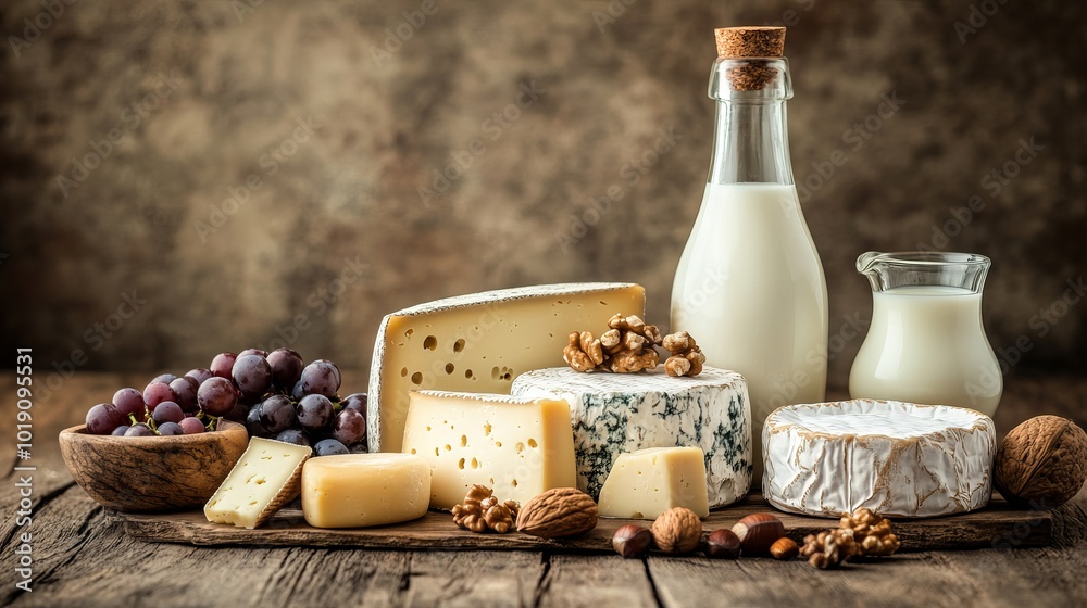 Naklejka premium A wooden table with a rustic assortment of cheeses, such as blue, soft, and hard varieties, along with a bottle of milk, nuts, and grapes.