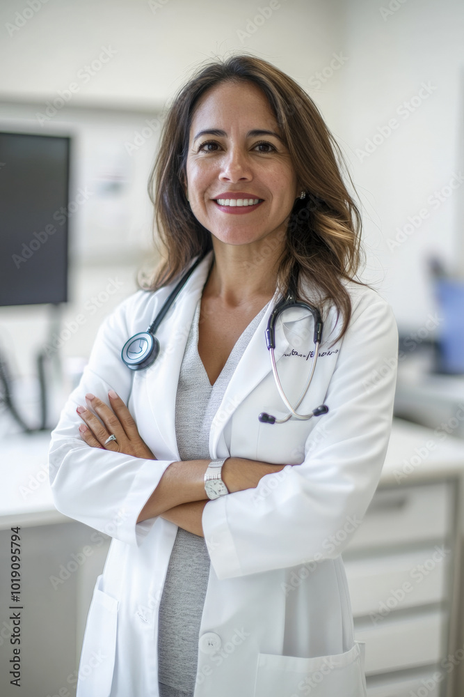 Middle-aged Hispanic female doctor standing confidently in a bright medical office, arms crossed, smiling warmly, clean white background highlighting her professionalism.