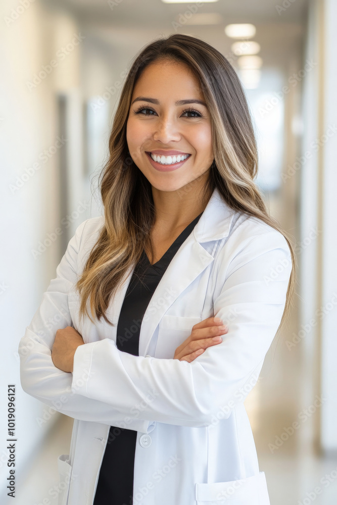Young adult Hispanic female doctor smiling warmly with arms crossed in a professional medical office, her white coat blending into the clean white background, exuding professionalism and care. Young adult Hispanic female doctor smiling warmly with arms crossed in a professional medical office, her white coat blending into the clean white background, exuding professionalism and care.