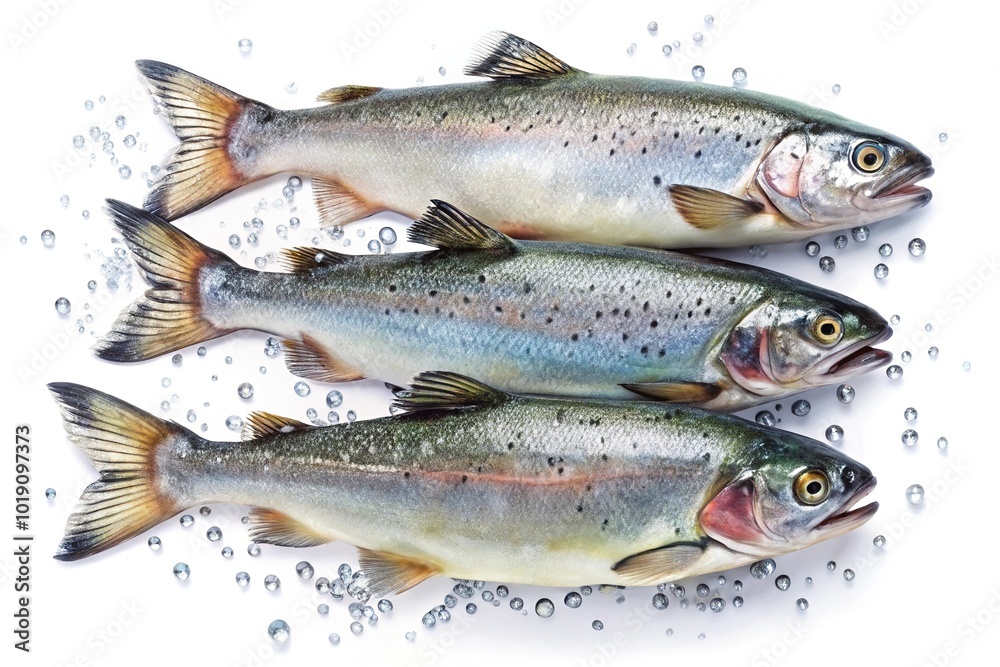 Aerial view of sea trouts with water drops in the air on white background Aerial view of sea trouts with water drops in the air on white background