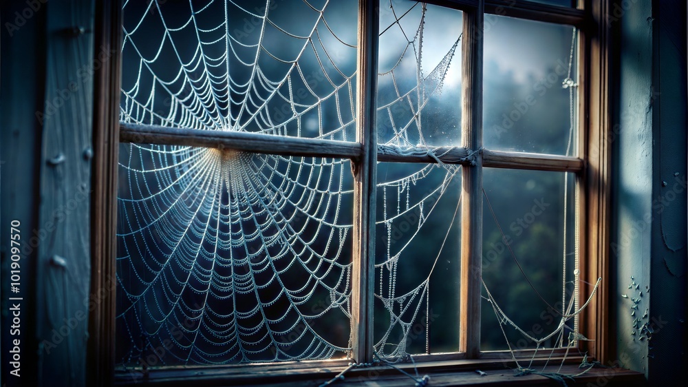 Obraz premium Forsaken window with a spider web and dewdrops reflecting light in an atmospheric setting
