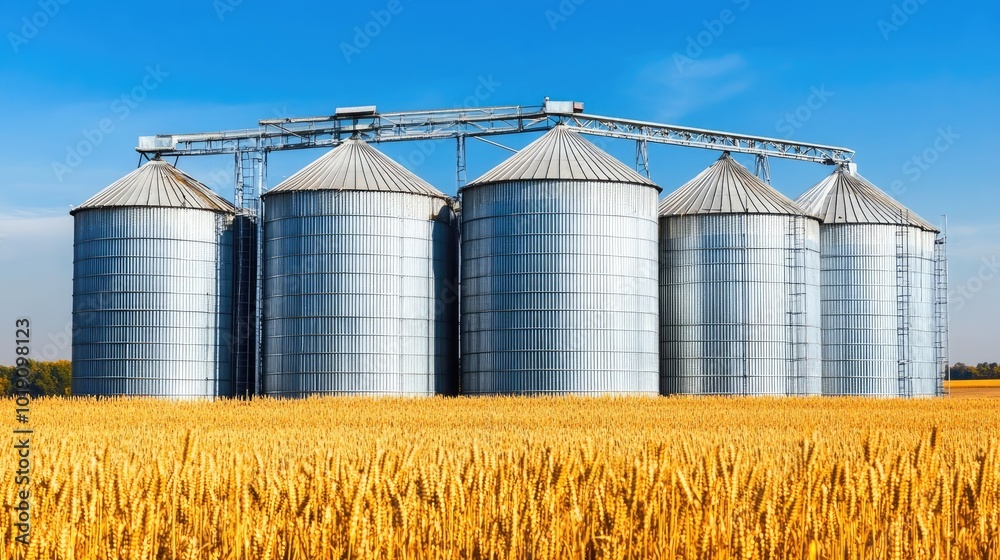 Silos in Wheat Field Under Clear Blue Sky Silos in Wheat Field Under Clear Blue Sky