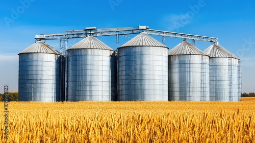 Silos in Wheat Field Under Clear Blue Sky