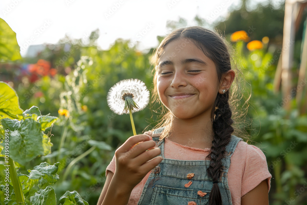 School-age Hispanic girl grinning as she holds a dandelion, gently blowing its seeds in the air, surrounded by green plants and vibrant flowers in a sunny garden. School-age Hispanic girl grinning as she holds a dandelion, gently blowing its seeds in the air, surrounded by green plants and vibrant flowers in a sunny garden.