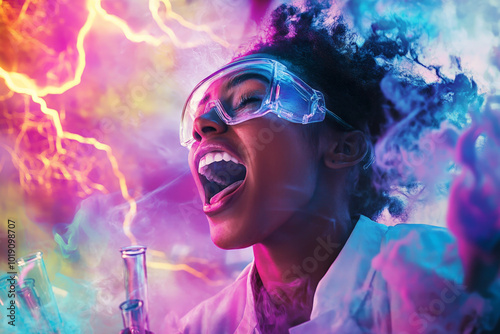 A young African American scientist, mouth agape, as lightning flashes in the background of a colorful, chaotic lab, surrounded by swirling smoke and glowing test tubes, celebrating an experiment's