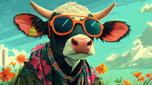 Funny cartoon cow with a nice farmer's outfit and bright, retro, vintage hippie accessories in a countryside setting. Unique digital painting with a creative party animal concept. photo