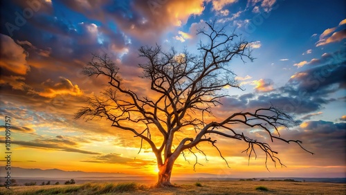 A serene image of a dry branch and tree against a backdrop of a dusk sky and sunset reflection