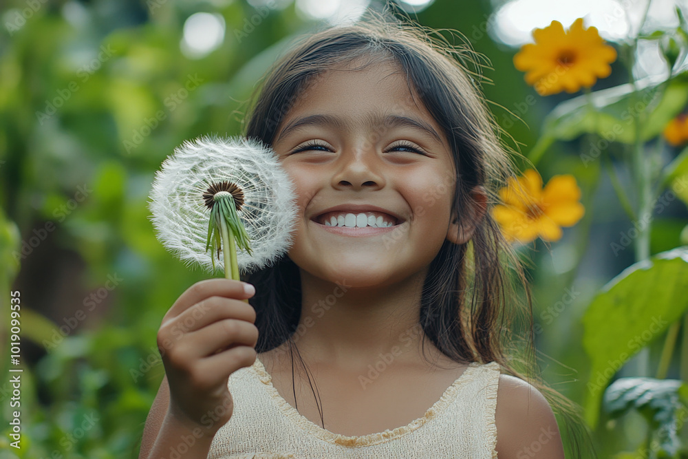 School-age Hispanic girl grinning as she holds a dandelion, gently blowing its seeds in the air, surrounded by green plants and vibrant flowers in a sunny garden. School-age Hispanic girl grinning as she holds a dandelion, gently blowing its seeds in the air, surrounded by green plants and vibrant flowers in a sunny garden.