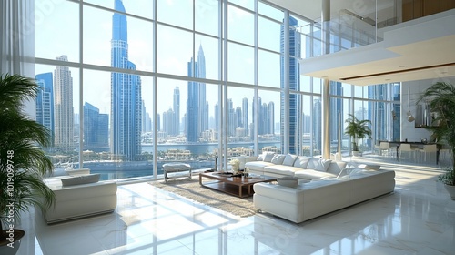 Luxurious architecture home in Dubai, with a three-dimensional interior of a modern art deco living and eating area, high-end designer furnishings, large glass windows, and a backdrop of famous towers