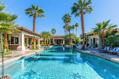 A large pool with palm trees in the background, generative ai image photo