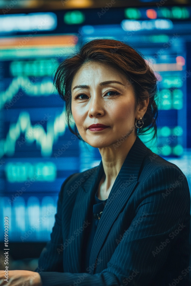 A middle-aged Japanese businesswoman in a tailored suit, sitting confidently in front of trading charts on a blue background, representing financial leadership. A middle-aged Japanese businesswoman in a tailored suit, sitting confidently in front of trading charts on a blue background, representing financial leadership.