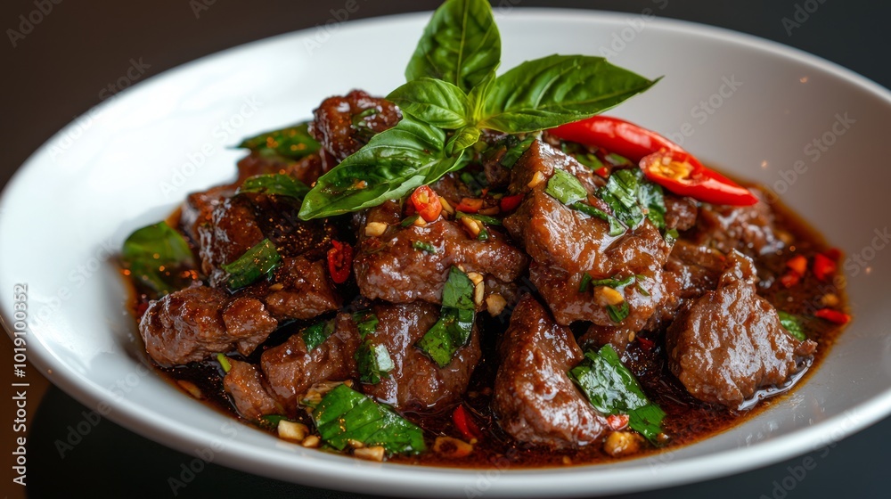 Exquisite Pad Kra Pao Dish with Fresh Basil and Chilies - Culinary Artistry and Vibrant Flavors in Every Bite Exquisite Pad Kra Pao Dish with Fresh Basil and Chilies - Culinary Artistry and Vibrant Flavors in Every Bite