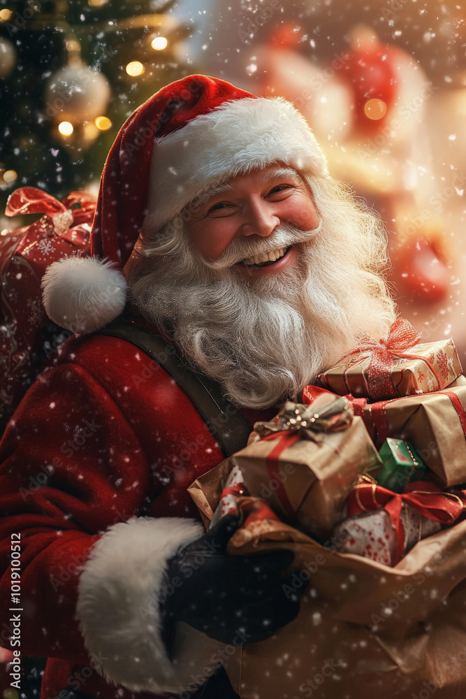 Santa Claus smiling as he carries a bag of beautifully wrapped Christmas presents, with snow falling softly around him. The scene is set against a cozy, brightly lit Christmas tree. Santa Claus smiling as he carries a bag of beautifully wrapped Christmas presents, with snow falling softly around him. The scene is set against a cozy, brightly lit Christmas tree.