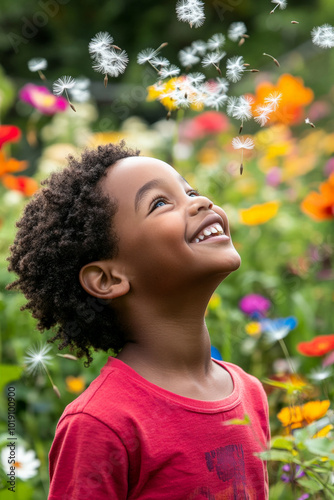 School-age African American boy smiling wide as he watches dandelion seeds float in the breeze, standing in a lush garden surrounded by colorful flowers.