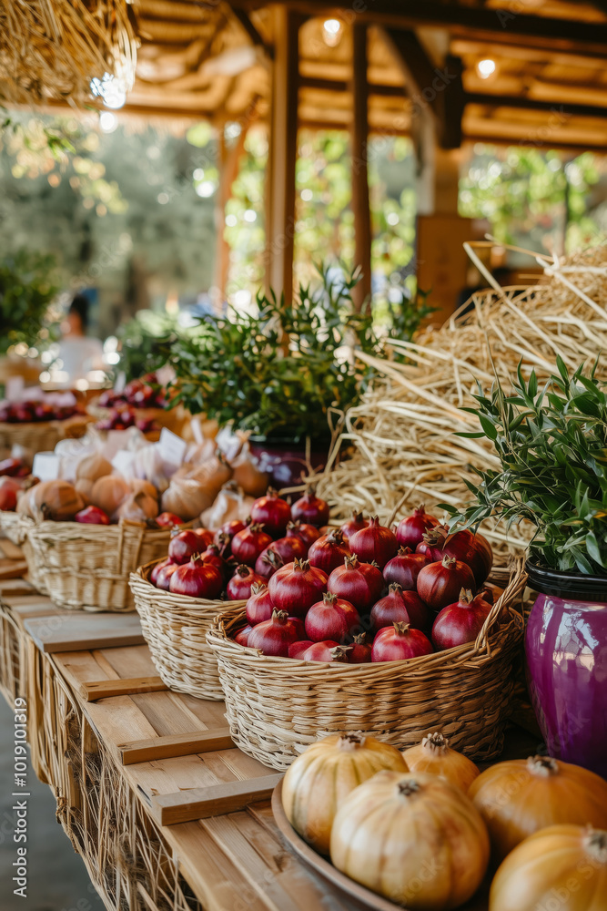 Ripe pomegranates in wicker baskets at the farmer's market Ripe pomegranates in wicker baskets at the farmer's market