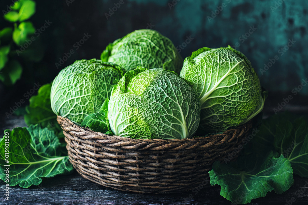 Fototapeta premium Fresh organic cabbages in a rustic basket, surrounded by green leaves, with the dark wood background emphasizing the natural, leafy texture of the cabbages.