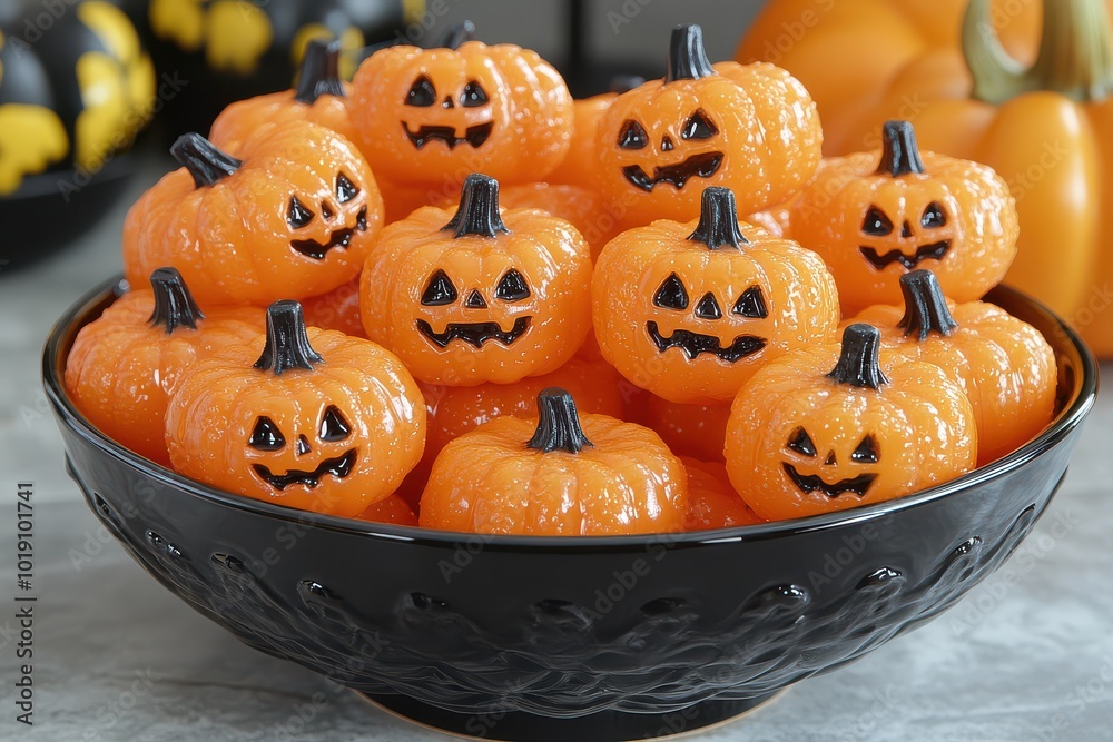 Bowl of Smiling Jack-o'-Lantern Pumpkins for Halloween Decoration Bowl of Smiling Jack-o'-Lantern Pumpkins for Halloween Decoration