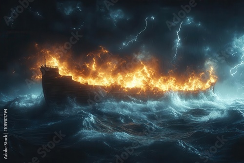 noahs ark braving turbulent waves under a stormy dark sky illuminated by flashes of lightning the wooden vessel crests the towering swells embodying resilience and hope amidst chaos photo