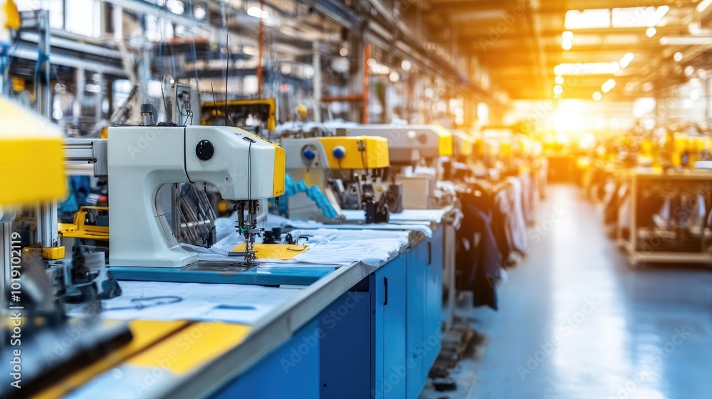 Sewing Machines in a Bright Factory Setting Sewing Machines in a Bright Factory Setting