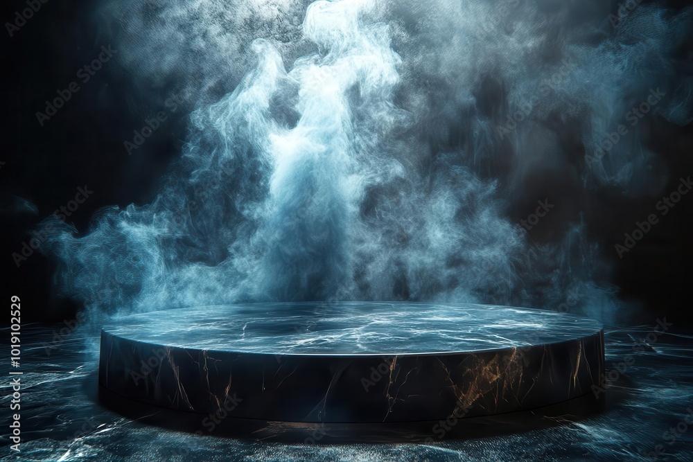 noir podium scene sleek black marble platform emerging from misty darkness dramatic spotlighting swirling tendrils of smoke creating mysterious atmosphere noir podium scene sleek black marble platform emerging from misty darkness dramatic spotlighting swirling tendrils of smoke creating mysterious atmosphere