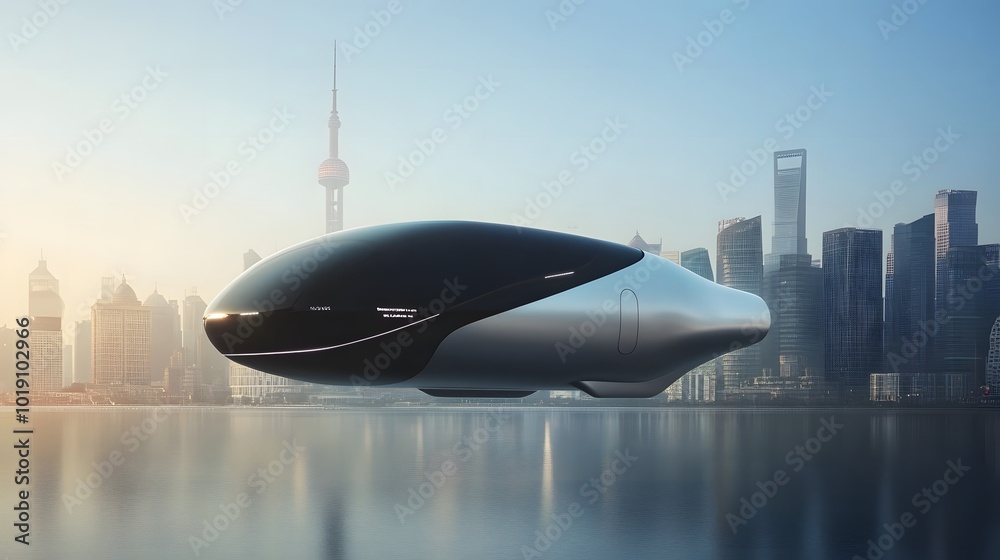 Sleek electric air taxi hovering above futuristic city skyline, smooth aerodynamic design, golden hour sunlight, modern transportation concept Sleek electric air taxi hovering above futuristic city skyline, smooth aerodynamic design, golden hour sunlight, modern transportation concept